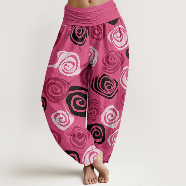 Buddha Stones Line Art Rose Pattern Women's Elastic Waist Harem Pants - DeepPink - US22，UK/AU26，EU54 (6XL) - image 1