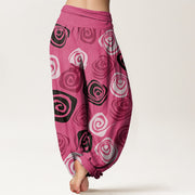 Buddha Stones Line Art Rose Pattern Women's Elastic Waist Harem Pants - image 2