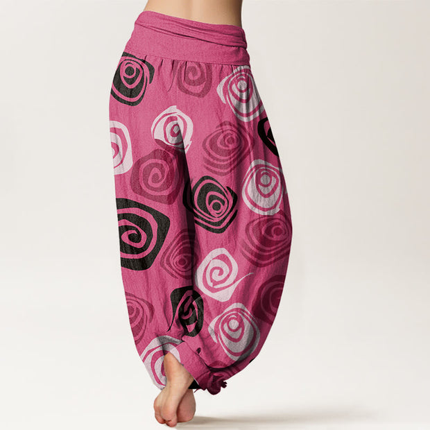 Buddha Stones Line Art Rose Pattern Women's Elastic Waist Harem Pants - image 2