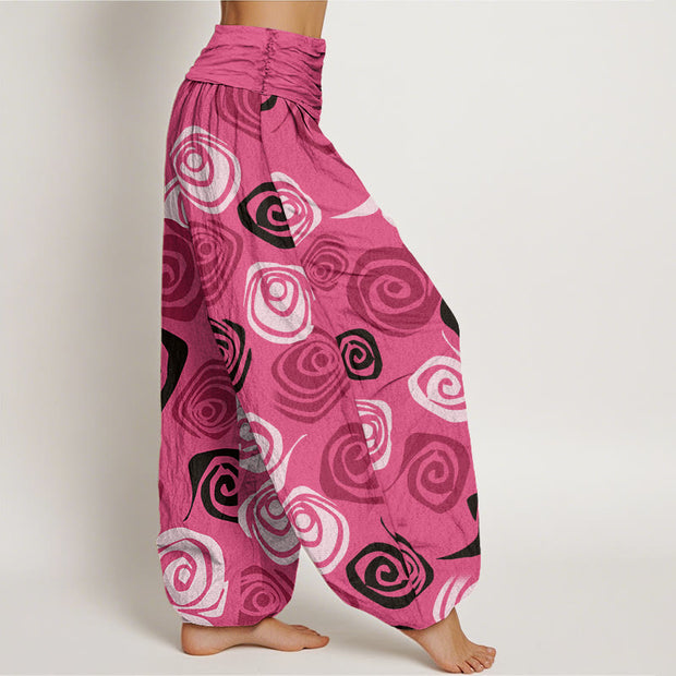 Buddha Stones Line Art Rose Pattern Women's Elastic Waist Harem Pants - image 3