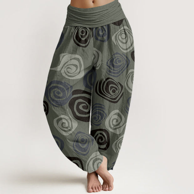 Buddha Stones Line Art Rose Pattern Women's Elastic Waist Harem Pants - DarkSeaGreen - US22，UK/AU26，EU54 (6XL) - image 6