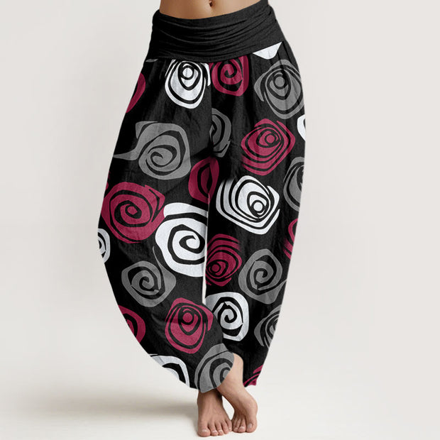 Buddha Stones Line Art Rose Pattern Women's Elastic Waist Harem Pants - Black - US22，UK/AU26，EU54 (6XL) - image 9