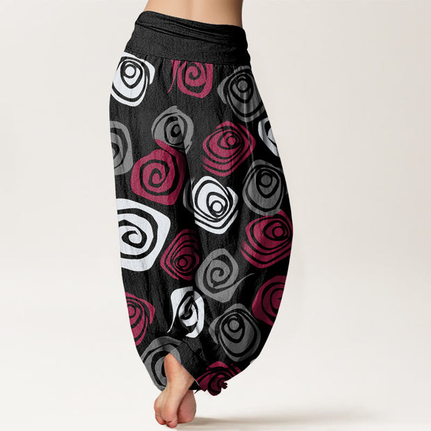 Buddha Stones Line Art Rose Pattern Women's Elastic Waist Harem Pants - image 10