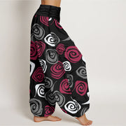 Buddha Stones Line Art Rose Pattern Women's Elastic Waist Harem Pants - image 11