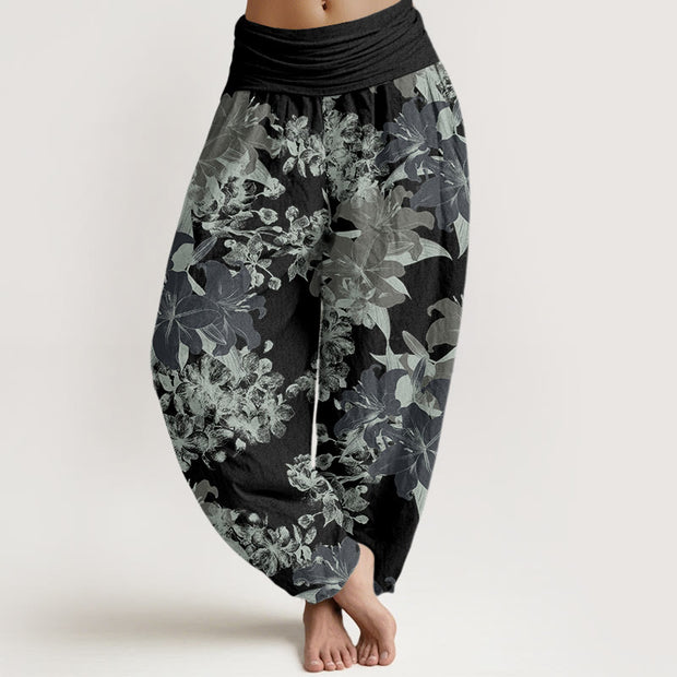 Buddha Stones Lily Flowers Floral Pattern Women's Elastic Waist Harem Pants - Black - US22，UK/AU26，EU54 (6XL) - image 9