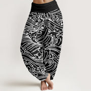 Buddha Stones Rough Waves Pattern Women's Elastic Waist Harem Pants - Black - US22，UK/AU26，EU54 (6XL) - image 1