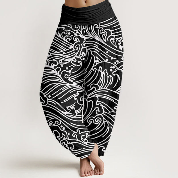 Buddha Stones Rough Waves Pattern Women's Elastic Waist Harem Pants - Black - US22，UK/AU26，EU54 (6XL) - image 1