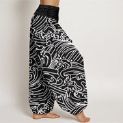 Buddha Stones Rough Waves Pattern Women's Elastic Waist Harem Pants - image 3