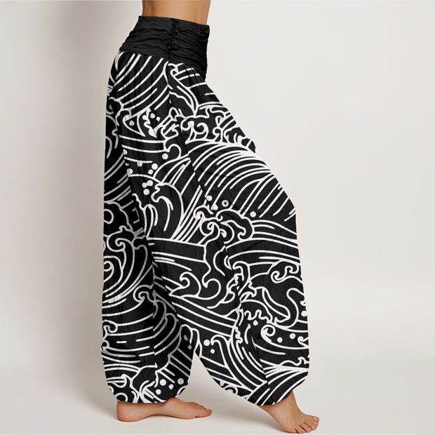 Buddha Stones Rough Waves Pattern Women's Elastic Waist Harem Pants - image 3