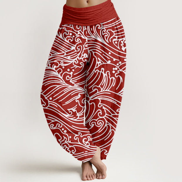 Buddha Stones Rough Waves Pattern Women's Elastic Waist Harem Pants - Crimson - US22，UK/AU26，EU54 (6XL) - image 6