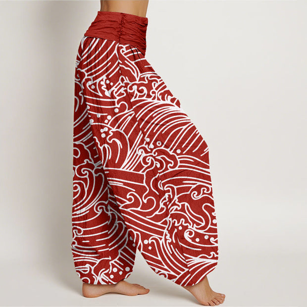 Buddha Stones Rough Waves Pattern Women's Elastic Waist Harem Pants - image 8