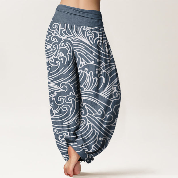 Buddha Stones Rough Waves Pattern Women's Elastic Waist Harem Pants - image 10