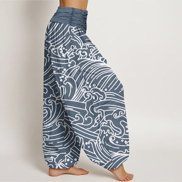 Buddha Stones Rough Waves Pattern Women's Elastic Waist Harem Pants - image 11