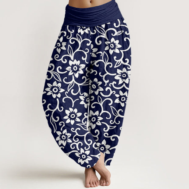 Buddha Stones Floral Vines Blossoming Pattern Women's Elastic Waist Harem Pants - Navy - US22，UK/AU26，EU54 (6XL) - image 1