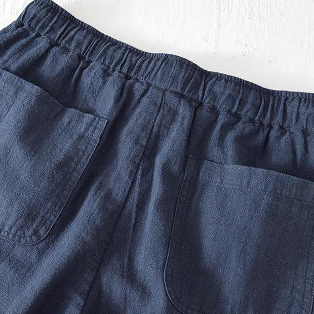 Buddha Stones Summer Solid Color Drawstring Elastic Waist Men's Cotton Linen Shorts With Pockets - image 30