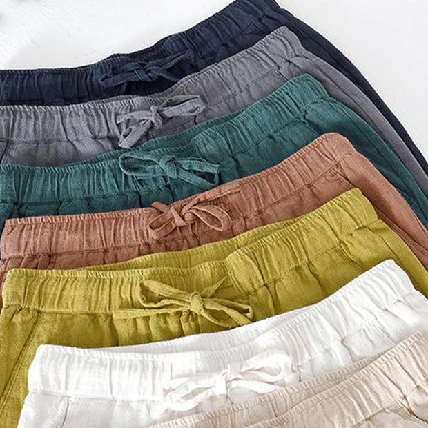 Buddha Stones Summer Solid Color Drawstring Elastic Waist Men's Cotton Linen Shorts With Pockets - image 40