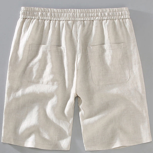 Buddha Stones Summer Solid Color Drawstring Button Design Men's Linen Shorts With Pockets - image 4