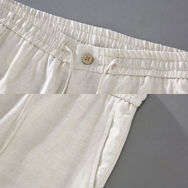Buddha Stones Summer Solid Color Drawstring Button Design Men's Linen Shorts With Pockets - image 9