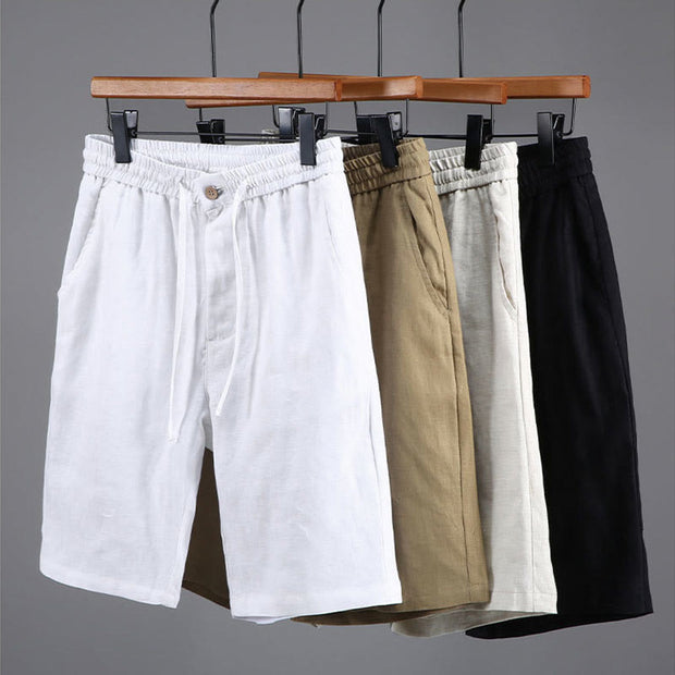 Buddha Stones Summer Solid Color Drawstring Button Design Men's Linen Shorts With Pockets - image 14