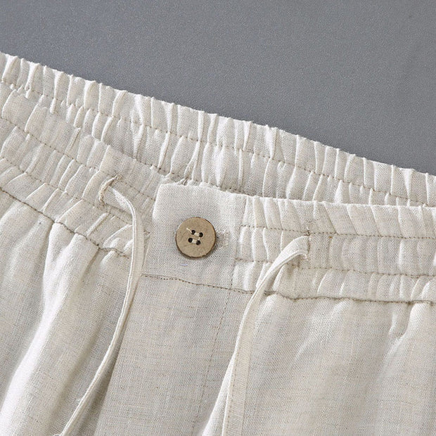 Buddha Stones Summer Solid Color Drawstring Button Design Men's Linen Shorts With Pockets - image 5