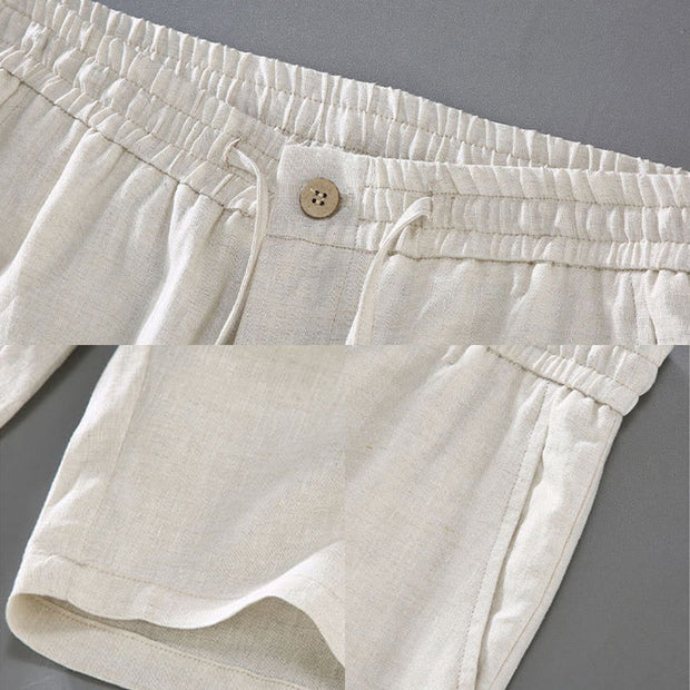 Buddha Stones Summer Solid Color Drawstring Button Design Men's Linen Shorts With Pockets - image 7