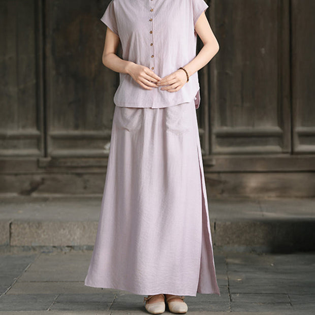 Buddha Stones 2Pcs Buttons Shirt Top Skirt With Pockets Meditation Cotton Clothing Women's Set - image 2