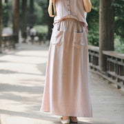 Buddha Stones 2Pcs Buttons Shirt Top Skirt With Pockets Meditation Cotton Clothing Women's Set - image 4