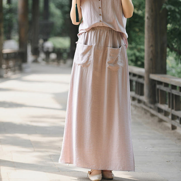 Buddha Stones 2Pcs Buttons Shirt Top Skirt With Pockets Meditation Cotton Clothing Women's Set - image 4