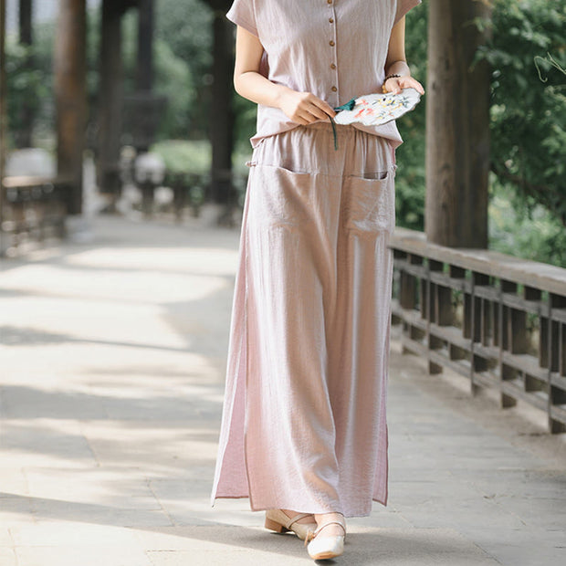 Buddha Stones 2Pcs Buttons Shirt Top Skirt With Pockets Meditation Cotton Clothing Women's Set - image 3