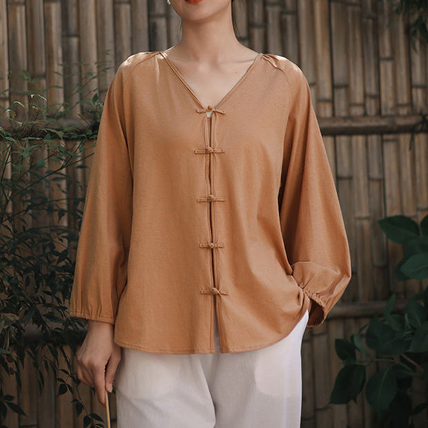 Buddha Stones Summer Pure Color Chinese Frog-Button V-Neck Cotton Linen Women's Shirt - image 5