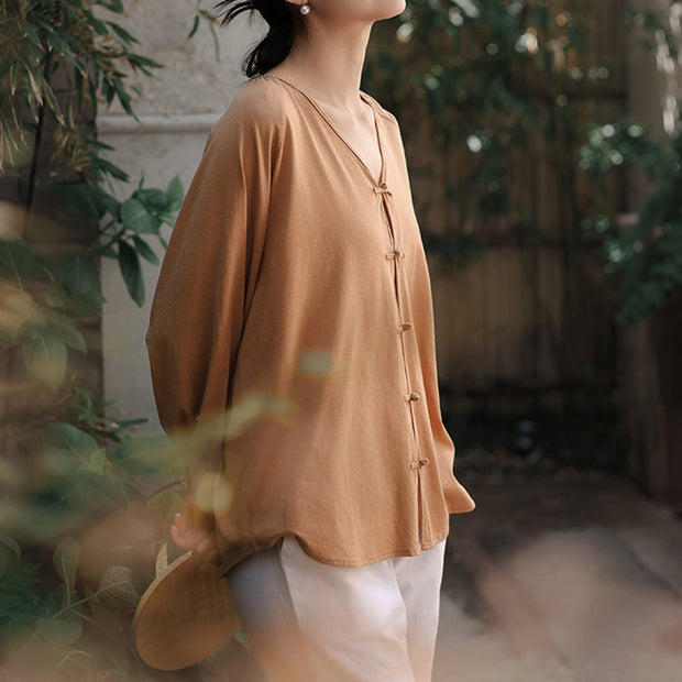 Buddha Stones Summer Pure Color Chinese Frog-Button V-Neck Cotton Linen Women's Shirt - image 9