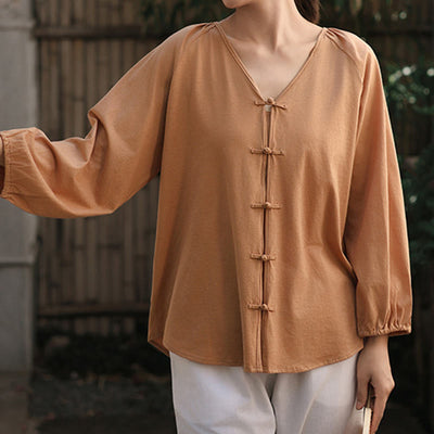 Buddha Stones Summer Pure Color Chinese Frog-Button V-Neck Cotton Linen Women's Shirt - Chocolate - US12，UK/AU16，EU44 (2XL) - image 1
