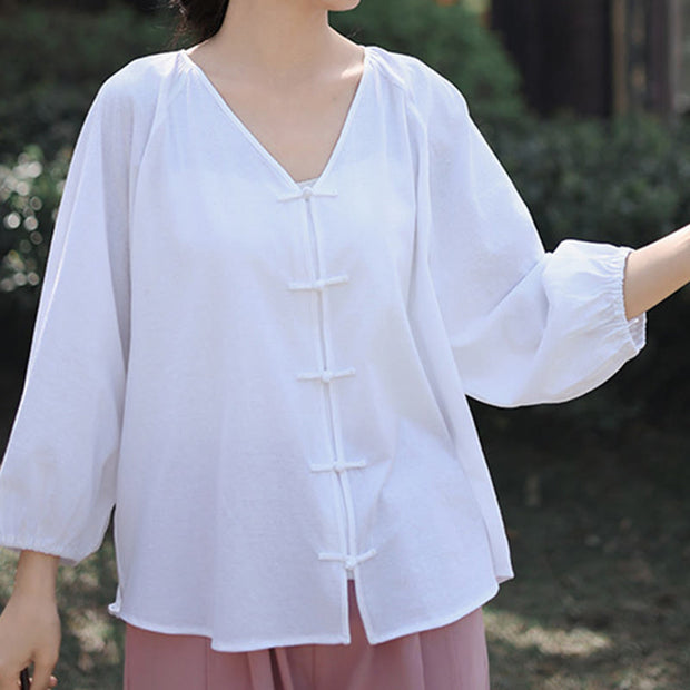 Buddha Stones Summer Pure Color Chinese Frog-Button V-Neck Cotton Linen Women's Shirt - White - US12，UK/AU16，EU44 (2XL) - image 10