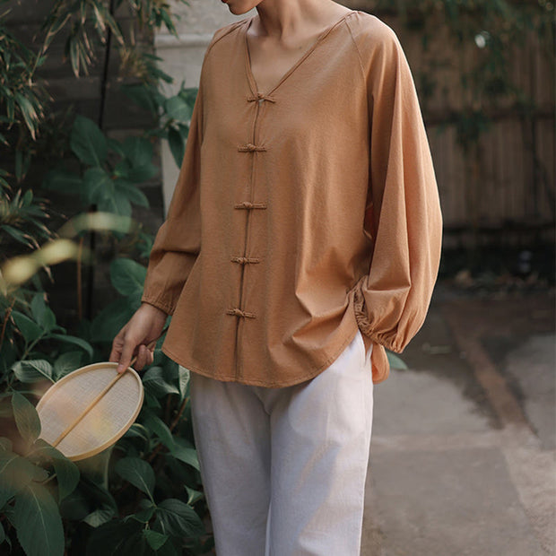 Buddha Stones Summer Pure Color Chinese Frog-Button V-Neck Cotton Linen Women's Shirt - image 8