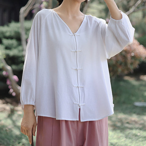 Buddha Stones Summer Pure Color Chinese Frog-Button V-Neck Cotton Linen Women's Shirt - image 11