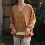 Buddha Stones Summer Pure Color Chinese Frog-Button V-Neck Cotton Linen Women's Shirt - image 7