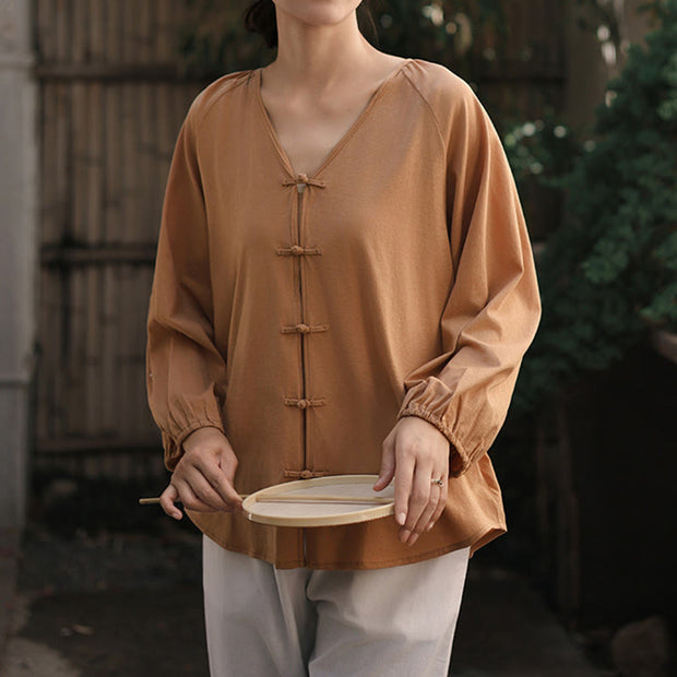 Buddha Stones Summer Pure Color Chinese Frog-Button V-Neck Cotton Linen Women's Shirt - image 7