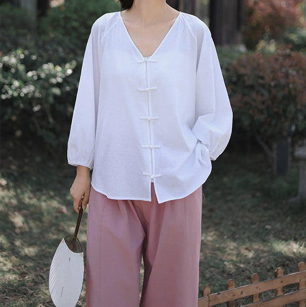 Buddha Stones Summer Pure Color Chinese Frog-Button V-Neck Cotton Linen Women's Shirt - image 18
