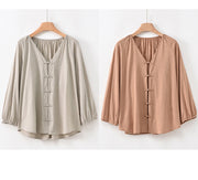 Buddha Stones Summer Pure Color Chinese Frog-Button V-Neck Cotton Linen Women's Shirt - image 24