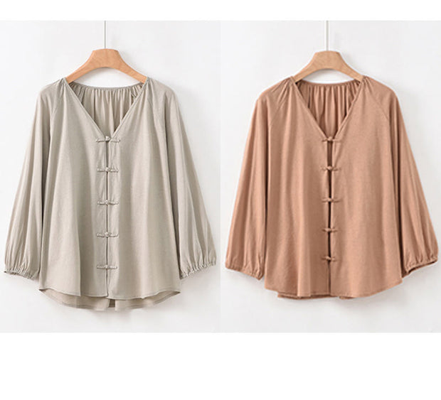 Buddha Stones Summer Pure Color Chinese Frog-Button V-Neck Cotton Linen Women's Shirt - image 24