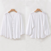 Buddha Stones Summer Pure Color Chinese Frog-Button V-Neck Cotton Linen Women's Shirt - image 21