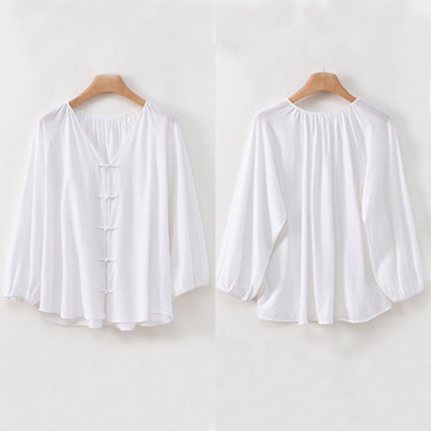 Buddha Stones Summer Pure Color Chinese Frog-Button V-Neck Cotton Linen Women's Shirt - image 21