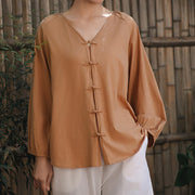 Buddha Stones Summer Pure Color Chinese Frog-Button V-Neck Cotton Linen Women's Shirt - image 4