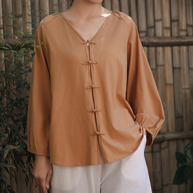 Buddha Stones Summer Pure Color Chinese Frog-Button V-Neck Cotton Linen Women's Shirt - image 4