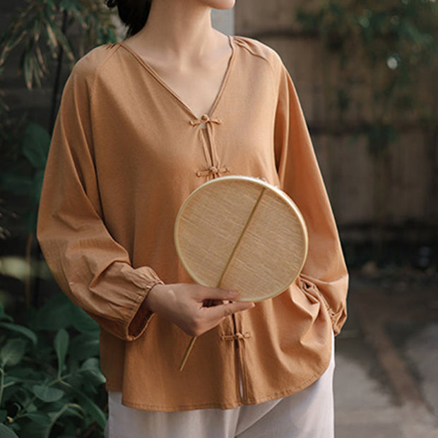 Buddha Stones Summer Pure Color Chinese Frog-Button V-Neck Cotton Linen Women's Shirt - image 3