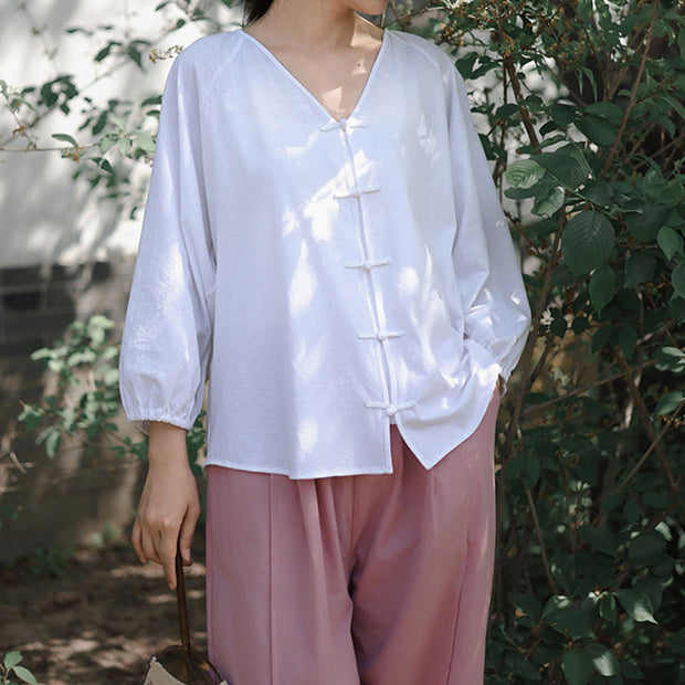 Buddha Stones Summer Pure Color Chinese Frog-Button V-Neck Cotton Linen Women's Shirt - image 15