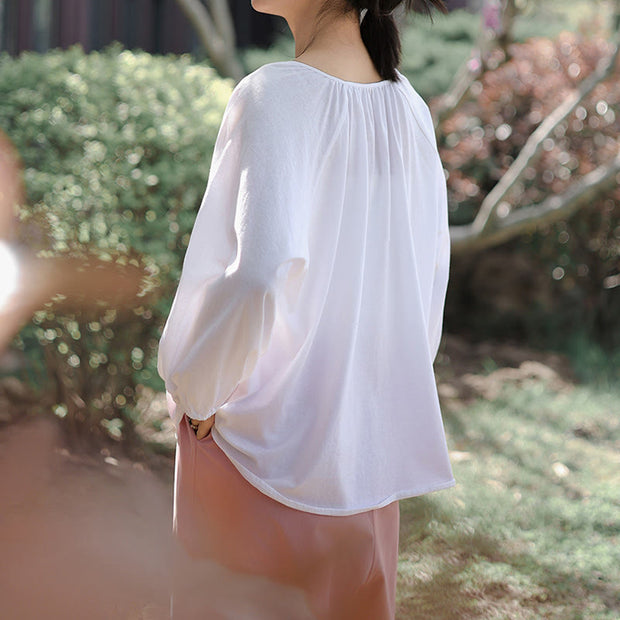 Buddha Stones Summer Pure Color Chinese Frog-Button V-Neck Cotton Linen Women's Shirt - image 14