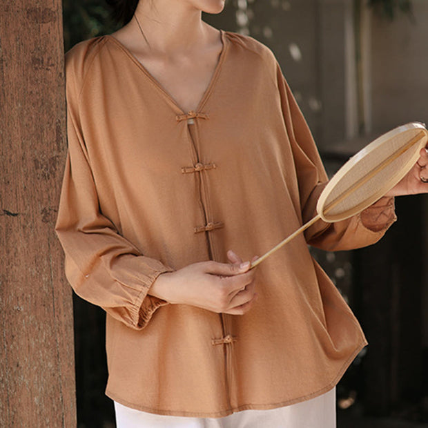 Buddha Stones Summer Pure Color Chinese Frog-Button V-Neck Cotton Linen Women's Shirt - image 2