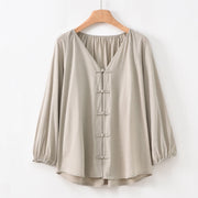 Buddha Stones Summer Pure Color Chinese Frog-Button V-Neck Cotton Linen Women's Shirt - Tan - US12，UK/AU16，EU44 (2XL) - image 23
