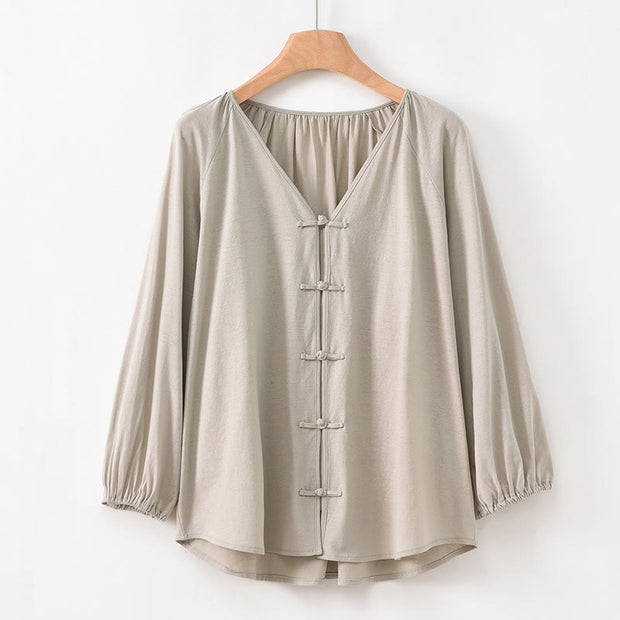 Buddha Stones Summer Pure Color Chinese Frog-Button V-Neck Cotton Linen Women's Shirt - Tan - US12，UK/AU16，EU44 (2XL) - image 23